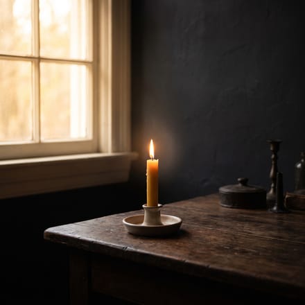 A single candle lit in the first light of dawn.