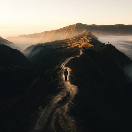 A mountain path lit gold at sunrise.
