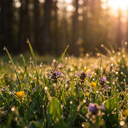 Morning dew on grass catching the first sunlight.